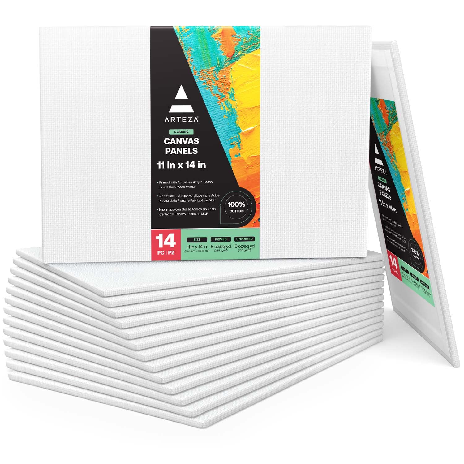 Arteza Canvas Board, Pack of 14, 27.9 x 35.6 cm, 8-oz Gesso Primed 100% Cotton Canvas Panels, Canvases for Acrylic Painting and Pouring