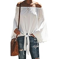 Flygo Women's Off Shoulder Bell Sleeve Blouse Chiffon Tie Knot Casual Shirt Tops