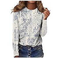 XHRBSI Women's Fashion Casual Longsleeve Print Round Neck Pullover Top Blouse Fall Plus Size Tops for Women