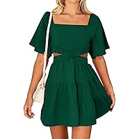 BTFBM Women Summer Dresses 2023 Square Neck Short Sleeve Cutout Crossover Waist Casual Party Tiered A-Line Mini Dress