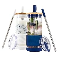 Glass Cups With Lids and Straws -20 Fl Oz- Perfect Size Iced Coffee Cup - Smoothie Cup With Bamboo Lid and On the go Lid - Glass Tumbler (2 Count (Pack of 1), Galactic Blue-Coton White)