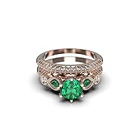 Round Natural Emerald And Diamond Wedding Band For Women And Girls mothers day gift