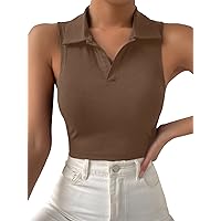 Milumia Women Collared Tank Tee Shirts Sleeveless Crop Knit Tops Khaki Medium