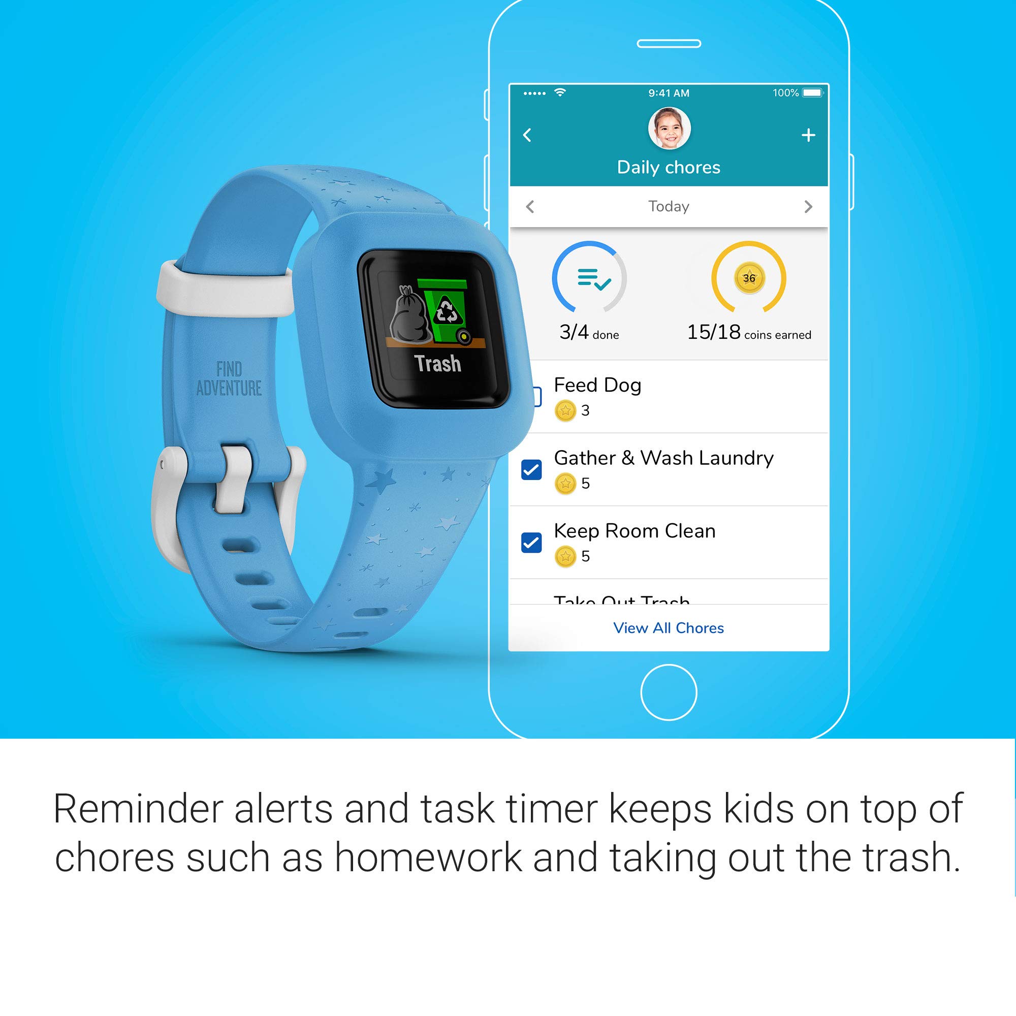 Garmin vivofit jr. 3, Fitness Tracker for Kids, Includes Interactive App Experience, Swim-Friendly, Up To 1-year Battery Life, Blue Stars