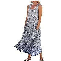 Vacation Dresses for Women Summer Loose Round Neck Printed Sleeveless Large Swing Dress with Pockets