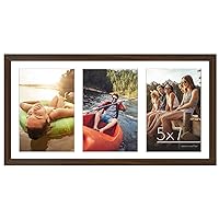 Americanflat 8x16 Collage Picture Frame in Walnut - Displays Three 5x7 Frame Openings - Engineered Wood Panoramic Picture Frame with Shatter Resistant Glass, Hanging Hardware, and Easel