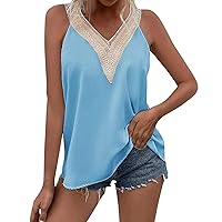 Women's Tank Tops, Lace Casual Solid V-Neck Top Loose Shirt Summer Shirts for Women 2024 Trendy Athletic Tanks