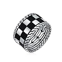 Bling Jewelry Men's Inside Out Design Two Tone Black Silver Geometric Check Board Squares Chess Ring Band For Men Heavy Solid .925 Silver Handmade In Turkey Wide 12MM