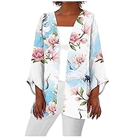 Boho Homewear Spring Cardigan Ladies Three Quarter Sleeve Open Collarless Blouses for Women Print
