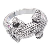 NOVICA Artisan Handmade Men's Amethyst Ring .925 Sterling Silver Crocodile from Bali Wrap Indonesia Gemstone Lizard 'Angry Crocodile'
