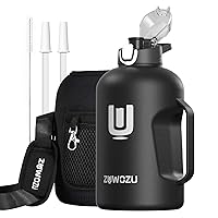 Half Gallon Water Bottle Insulated,18/10 Stainless Steel,Dishwasher Safe,Double Walled Vacuum,Gallon Water Jug with Straw and Handle,Perfect for Gym,Hot&Cold Drinks (Black, 67oz)