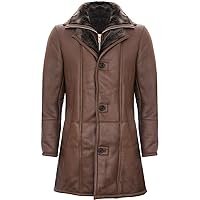 Men's Warm Brown Nappa Leather Shearling Sheepskin Trench Pilot Jacket Coat