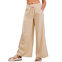Linen Pants Women Summer Wide Leg Flowy Beach Satin Palazzo Pants Loose Casual Lounge Trousers