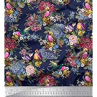 Soimoi Poly Georgette Blue Fabric - by The Yard - 52 Inch Wide - Leaves, Floral & American Robin Bird Textile - Botanical Beauty with Charming Robins Printed Fabric