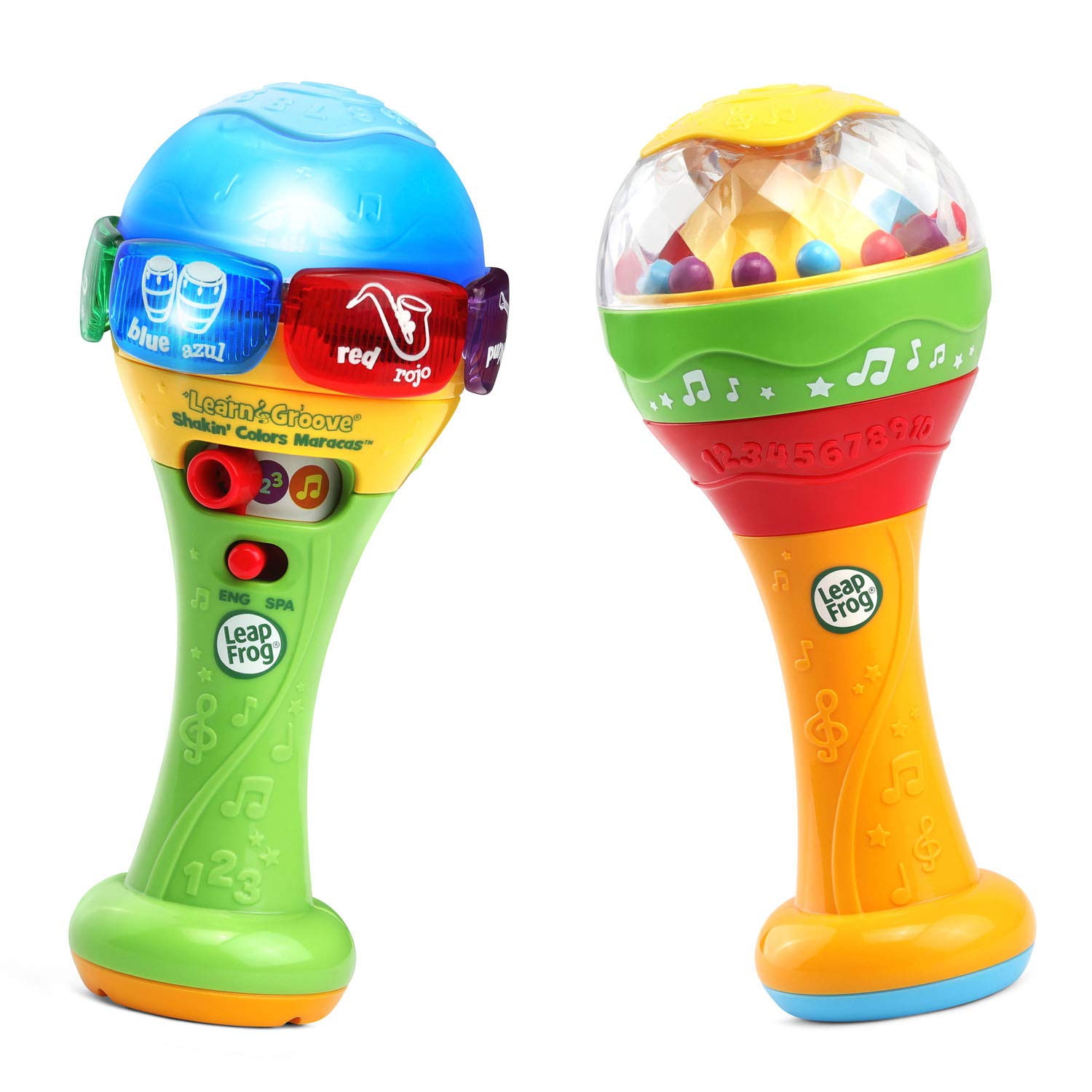 LeapFrog Learn & Groove Shakin' Colors Maracas includes One electronic maraca, one non-electronic maraca, Parent's Guide, Multicolor