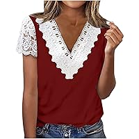 Women Hollow Out Lace Short Sleeve V Neck T-Shirts Summer Color Block Casual Loose Fit Dressy Fashion Tee Tops