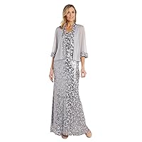 R&M Richards Womens Long Sequined Chiffon Floral Sequin Jacket Dress