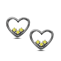 Created Yellow-Sapphire Alloy 14k Black Gold Plated Small Accent Heart Post Earrings For Girls and Women's