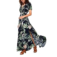 Women Bohemia V Neck Floral Maxi Dress Casual Flowy High Waisted Beach Summer Long Dresses Sundress