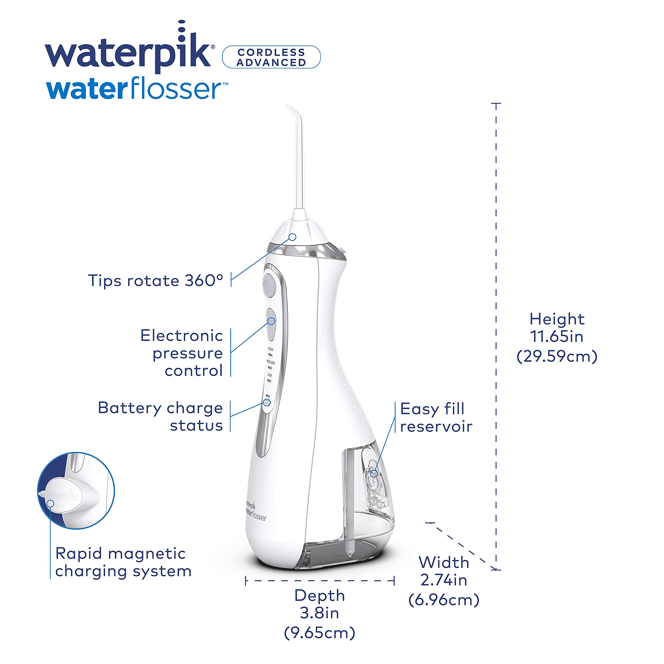 Waterpik Cordless Advanced Water Flosser For Teeth, Gums, Braces, Dental Care With Travel Bag and 4 Tips, ADA Accepted, Rechargeable, Portable, and Waterproof, White WP-580