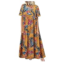 Women's Summer Dresses Plus Size Bohemian O-Neck Floral Print Vintage Short Sleeve Long Maxi Dress, S-5XL