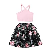 Girl Skirt and Top Toddler Crisscross Sling Crop Vest and Floral Pattern Multilayer Ruched Skirt Baby 2PCS Set Outfit (Pink, 8 Years)