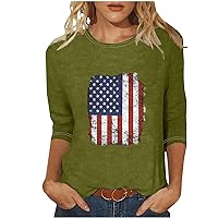 Women Fourth of July Shirt 3/4 Sleeve Summer Tops USA Flag Shirts Retro Print Quarter Length Sleeve Tunic Round Neck Blouses