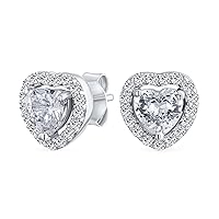 Cubic Zirconia Heart Shaped Stud Earrings Halo Bezel Set CZ For Women For Girlfriend .925 Sterling Silver