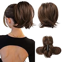HOOJIH Ponytail Extension, Claw Clip in Straight Hair Bun Messy Bun 9 Inch Short Ponytail with Bendable Metal Wire Hair Pieces for Women Fake Hair Bun DIY Styles - Warm Brown with little black mixed