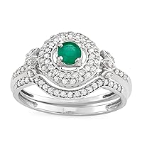 10K White Gold, 5/8 Carat Total Weight (cttw) Emerald, Tanzanite, Blue Sapphire Color Stone, Diamond Bridal Ring