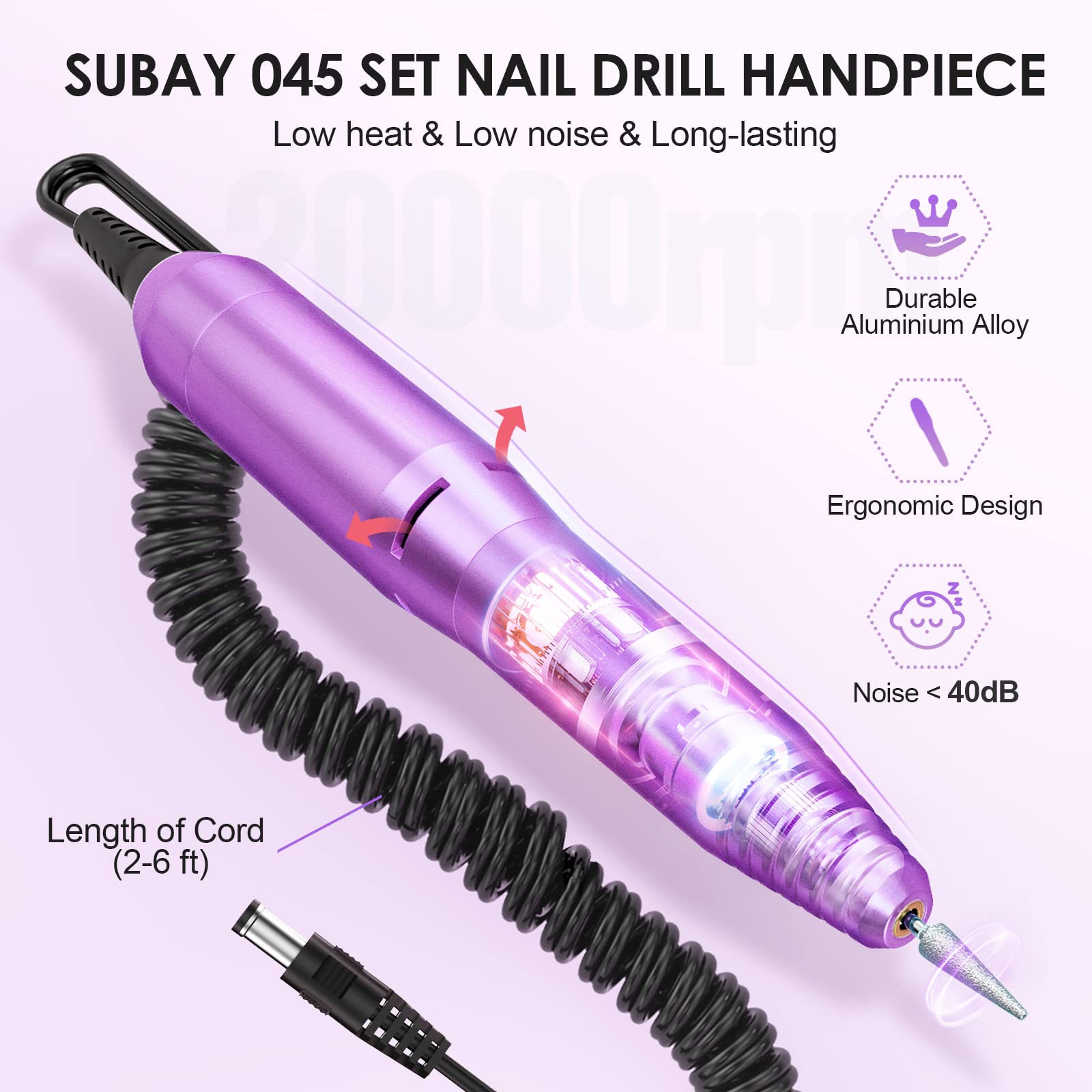 Subay Professional Finger Toe Nail Care Electric Nail Drill Machine Manicure Pedicure Kit Electric Nail Art File Drill with 1 Pack of Sanding Bands (Purple)