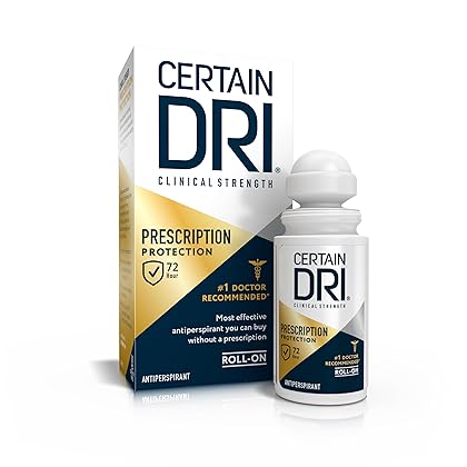 Certain Dri Prescription Strength Clinical Antiperspirant Roll-On Deodorant, Hyperhidrosis Treatment for Men & Women, Unscented, 1.2 Fl oz, 1 Pack