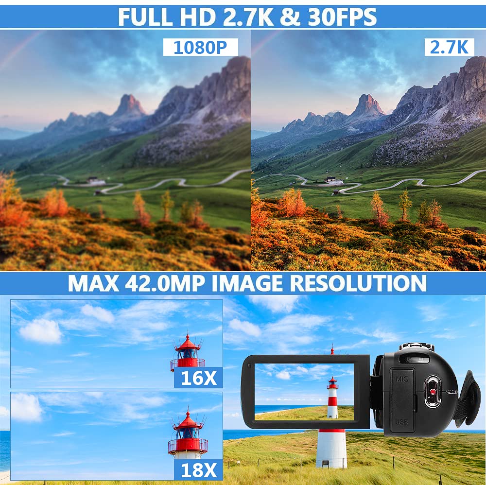 SPPRANDOM Camcorder Video Camera 2.7K 42MP with LED Fill Light,18X Digital Zoom Camera Recorder 3.0