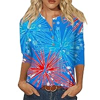 Fourth of July Shirts for Women 3/4 Sleeve Tops Ladies V Neck Button Henley Tops American Shirt Tunic Top Blouse