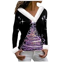 Christmas Shirts For Women 2023 Trendy V Neck Long Sleeve Fleece Collar Christmas Printed Pullover Classic Holiday Shirts