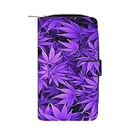 Purple Pot Leaf Weed Womens Wallet Leather Card Holder Purse RFID Blocking Bifold Clutch Handbag with Zipper Pocket