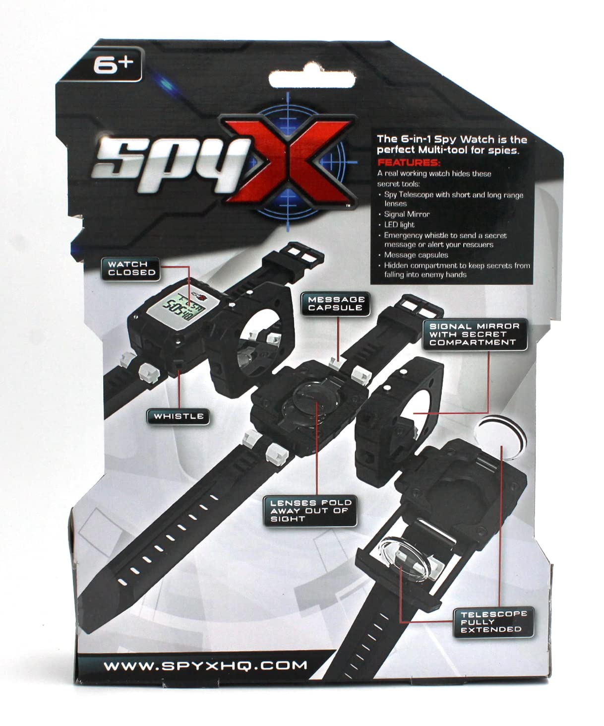 SpyX / 6-in-1 Watch - 6 Function Spy Toy Watch. Includes: Telescope Lenses, LED, Secret Message Capsules, Whistle, Signal Mirror, Hidden Compartment. Perfect Addition for Your spy Gear Collection!
