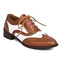 SHEMEE Women's Two Tone Oxfords Saddle Shoes Vintage Perforated Wingtip Brogues Laced Chunky Low Heels Pumps