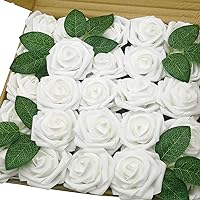Artificial Flowers 50PCS Real Looking White Fake Roses with Stem for DIY Wedding Bouquets Centerpieces Party Baby Shower Home Decorations (White)