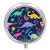 Round Pill Box Colorful Dinosaurs Portable Pill Case Medicine Organizer Vitamin Holder Container with 3 Compartments
