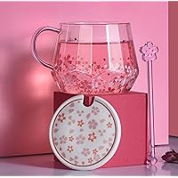 Kawaii Sakura Water Glass Coffee Mugs With Handle Lid Muddler Cherry Blossom Tea Coffee Cups Gifts for Drinking Tea Latte Espresso Juice Milk, Pink