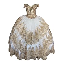 Gold Embroidery Lace Off The Shoulder Ball Gown Wedding Quinceanera Dresses with Sleeves Crystal Corset 2024