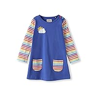 Organic Cotton Applique Baby Infant Toddler Girl Dress - Long Sleeve - Blue/Rainbow Stripes - Pockets (0-4 Years)