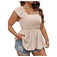 SOLY HUX Women's Plus Size Blouse Square Neck Ruffle Cap Sleeve Shirred Peplum Tops