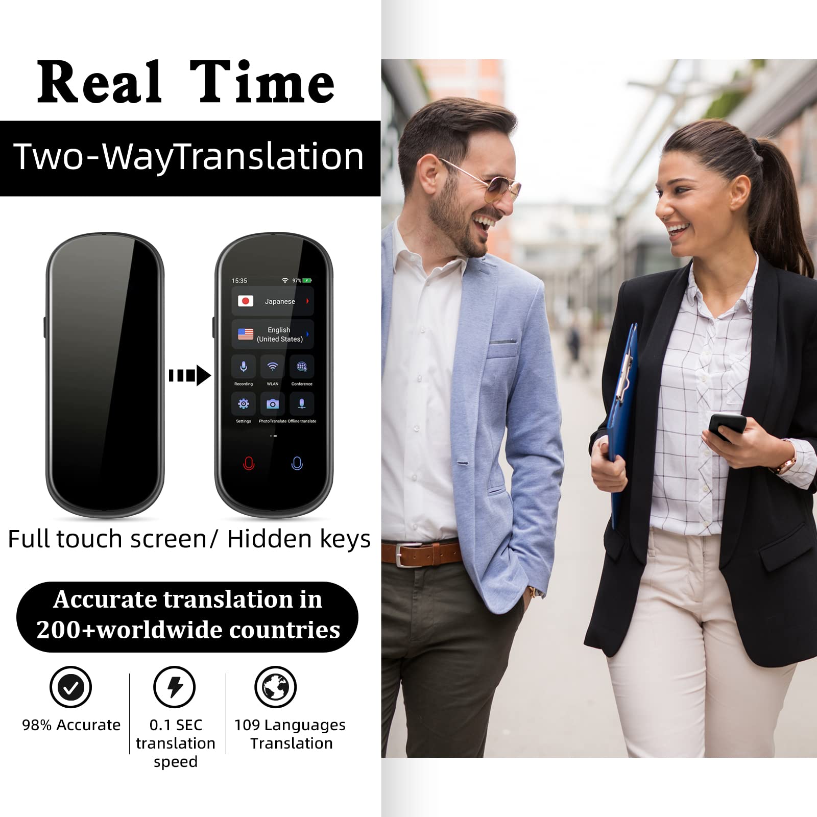 Instant Language Translator Device, Two-Way Smart Voice and Photo Pocket Translator Real Time, 109 Languages Supported, Standy 180H, Portable Offline Translation for Business, Learning & Travel