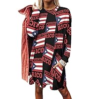 Puerto Rico Country Flag Women's Long Sleeve T-Shirt Dress Casual Tunic Tops Loose Fit Crewneck Sweatshirts with Pockets