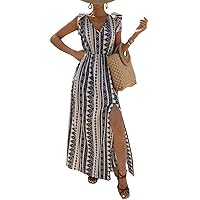 Summer Dresses for Women 2023 Geometric Print Ruffle Trim Split Thigh Maxi A-Line Dress