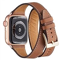 Bestig Compatible with Apple Watch Band 38mm 40mm 41mm 42mm 44mm 45mm 49mm for Women Men, Genuine Leather Double Tour Designed Slim Strap for iWatch Ultra SE Series 9 8 7 6 5 4 3 2 1 (Brown+Rose Gold)