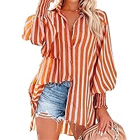 Women's Lapel Beach Striped Shirt Stylish V Neck Blouses Tops with Pocket Lapel Collar Tunic Tops Boyfriend Blouses