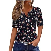 Womens Boho Tops Summer Short Sleeve Casual V Neck Pullover Tees Fashion Cute Blouses Vintage Floral Printed T Shirt